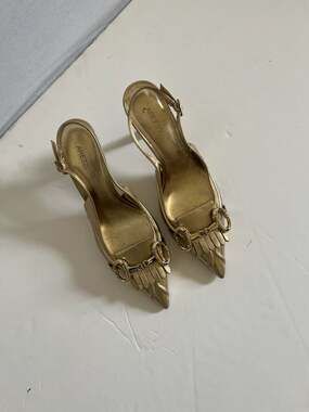 Arezzo Delilah Gold Metallic Leather Fringe Horsebit Slingback Pumps